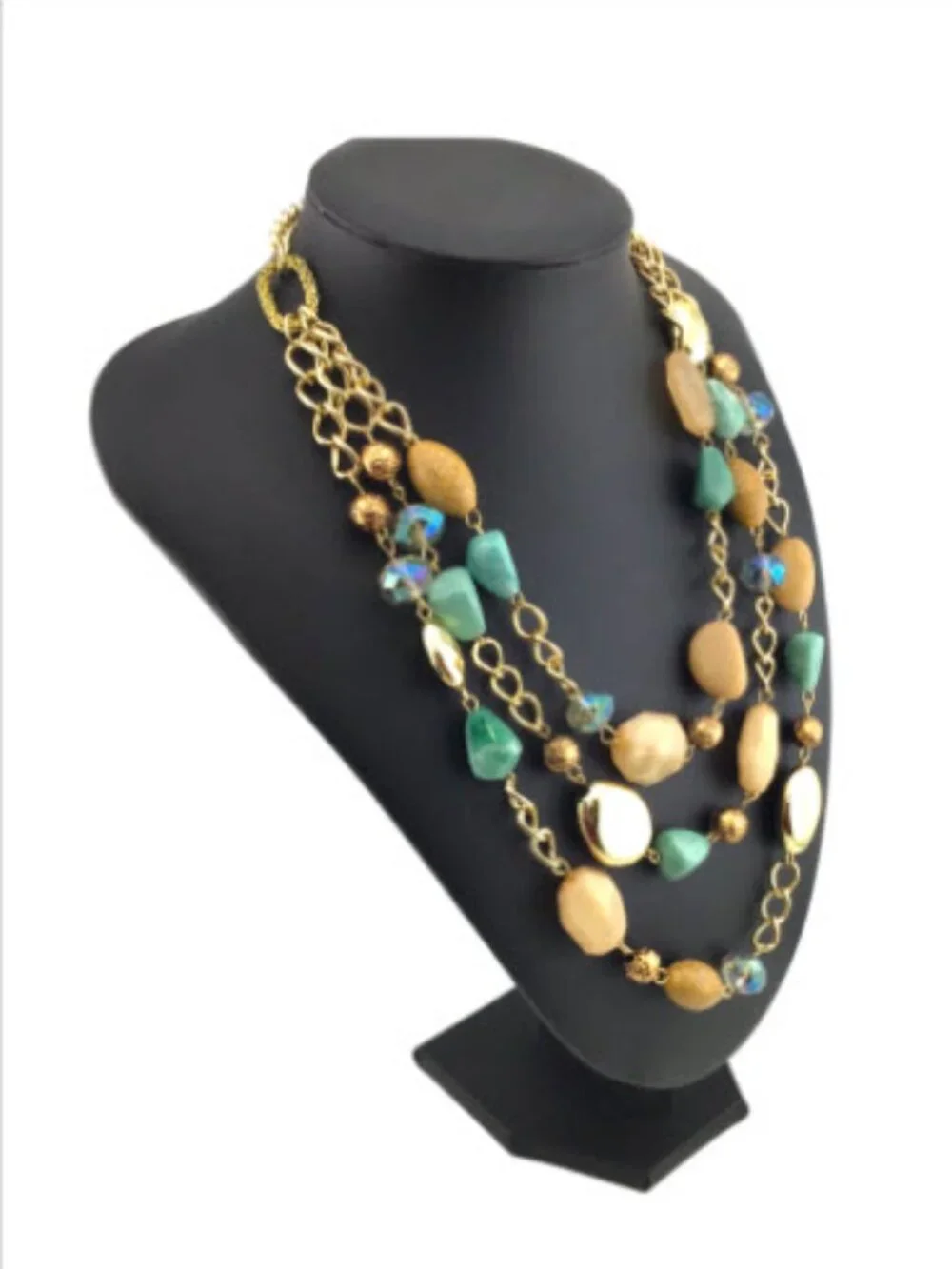 Vintage Layered Beaded Necklace Gold Tone Blue Green Cream Boho Resort Statement